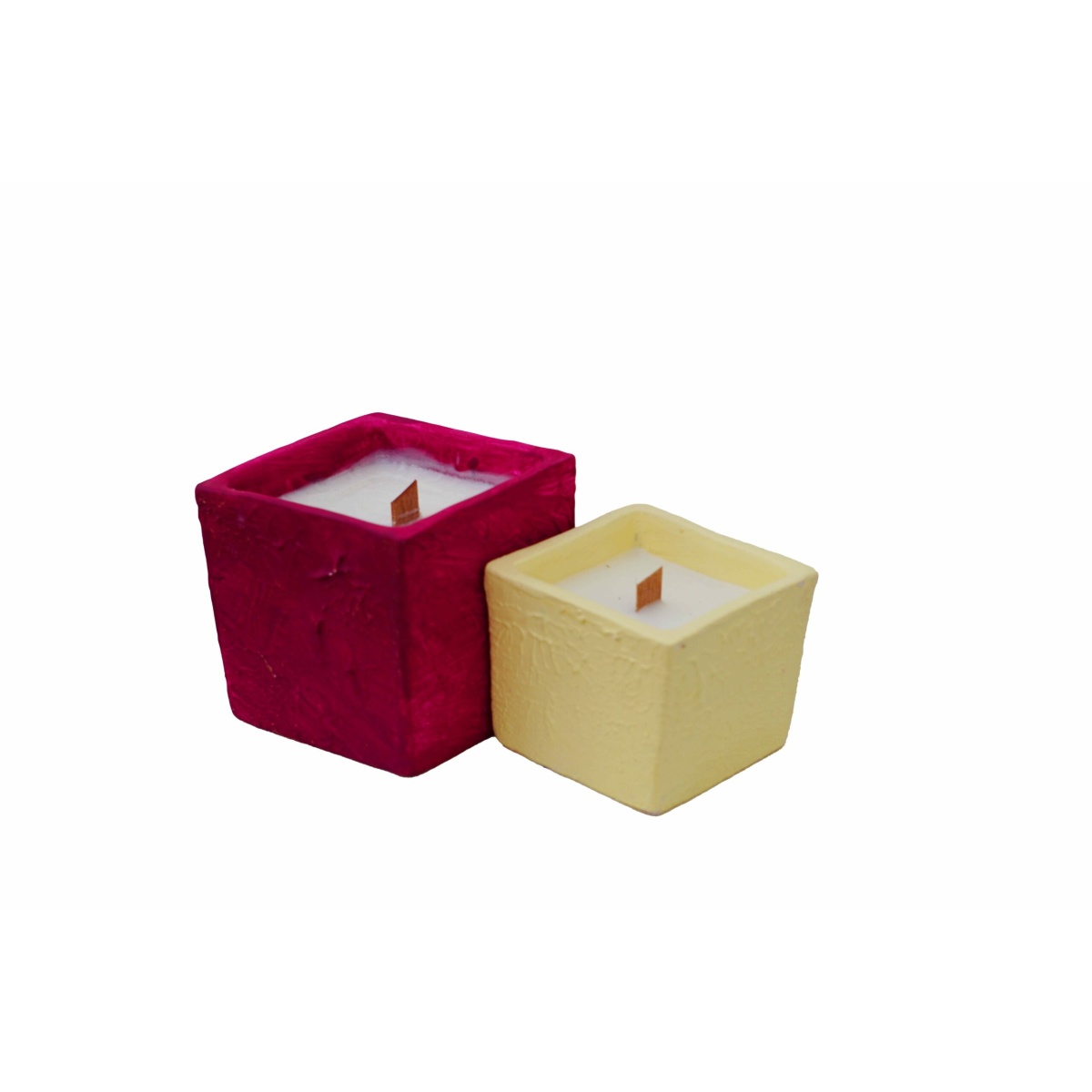 velas perfumadas recipientes cuadrados combo fucsia-amarillo